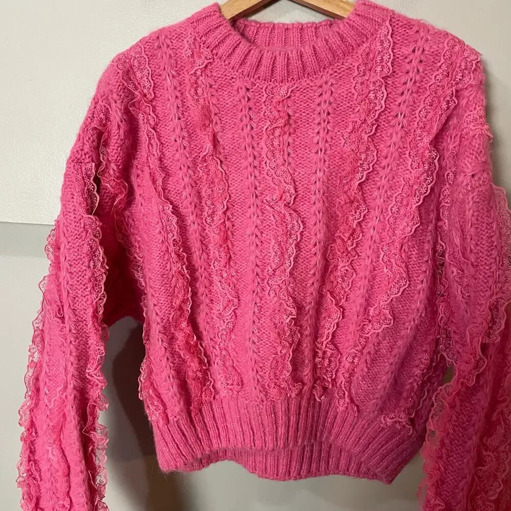 Zara Pink Ruffled & Lace Chunky Knit Sweater SZ Medium Girly Coquette Preppy - Picture 4 of 15